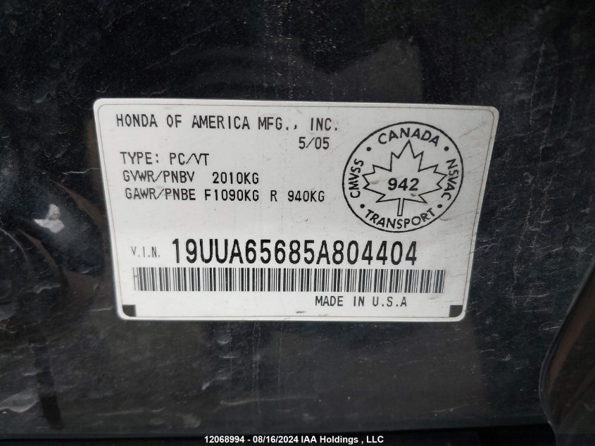 2005 Acura Tl VIN: 19UUA65685A804404 Lot: 12068994