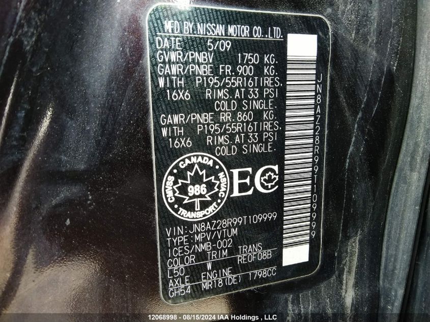 2009 Nissan Cube S/Sl VIN: JN8AZ28R99T109999 Lot: 12068998