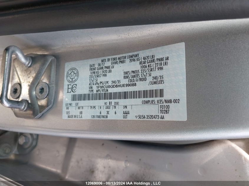 2017 Ford Escape Se VIN: 1FMCU0GD8HUE99088 Lot: 12069006