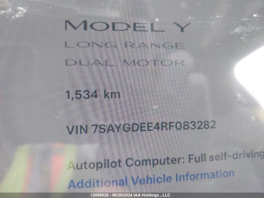 2024 Tesla Model Y VIN: 7SAYGDEE4RF083282 Lot: 12069025