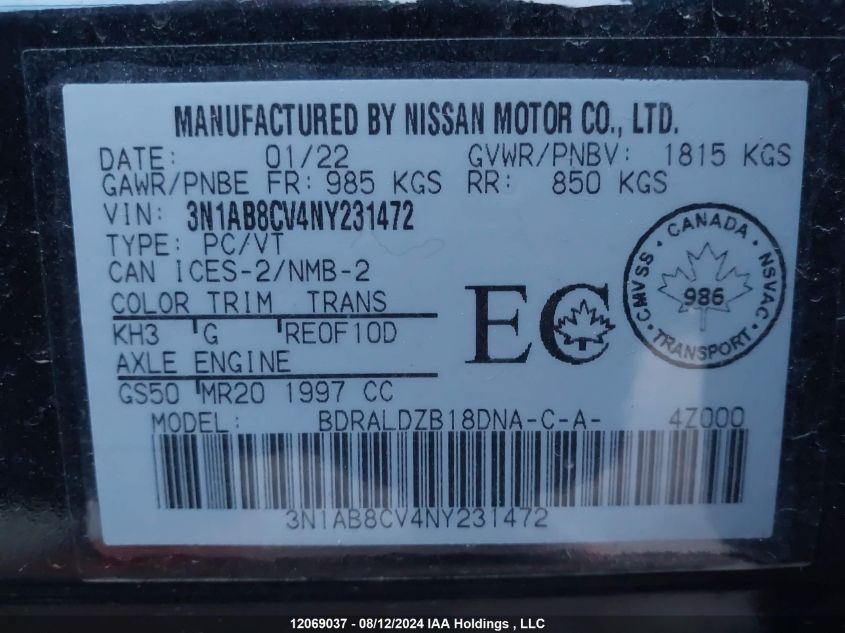 2022 Nissan Sentra VIN: 3N1AB8CV4NY231472 Lot: 12069037