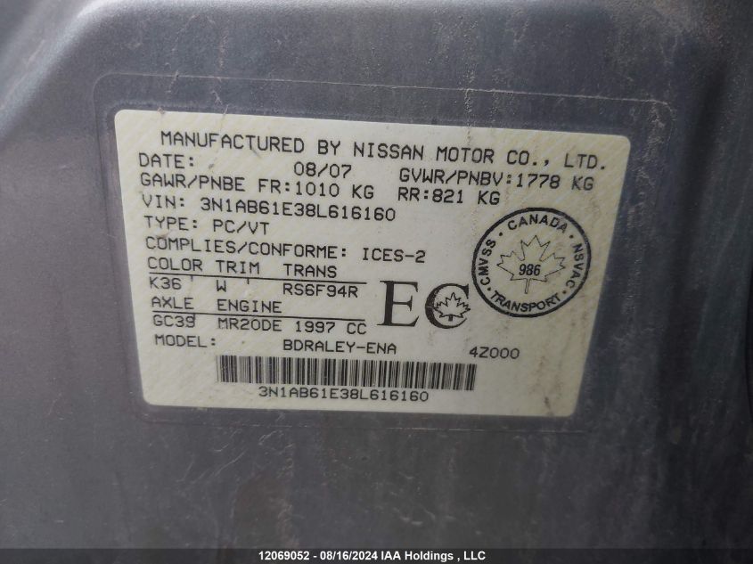 2008 Nissan Sentra 2.0/2.0S/2.0Sl VIN: 3N1AB61E38L616160 Lot: 12069052