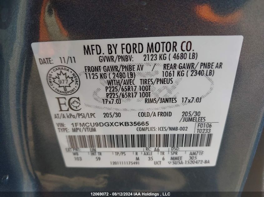 2012 Ford Escape Xlt VIN: 1FMCU9DGXCKB35665 Lot: 12069072