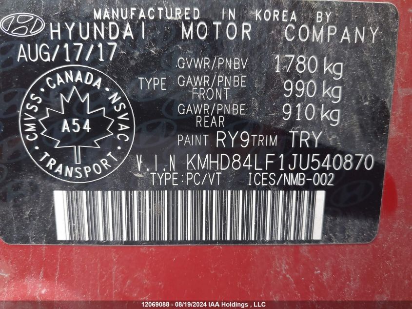 2018 Hyundai Elantra Gl Se VIN: KMHD84LF1JU540870 Lot: 12069088