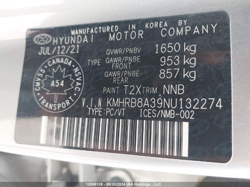 2022 Hyundai Venue Essential Manual VIN: KMHRB8A39NU132274 Lot: 12069128