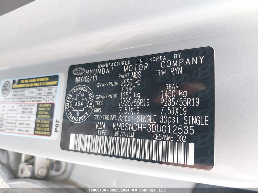 2013 Hyundai Santa Fe Gls VIN: KM8SNDHF3DU012535 Lot: 12069130