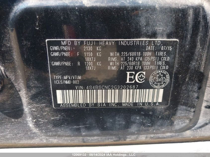 2016 Subaru Outback VIN: 4S4BSCNC2G3202687 Lot: 12069133