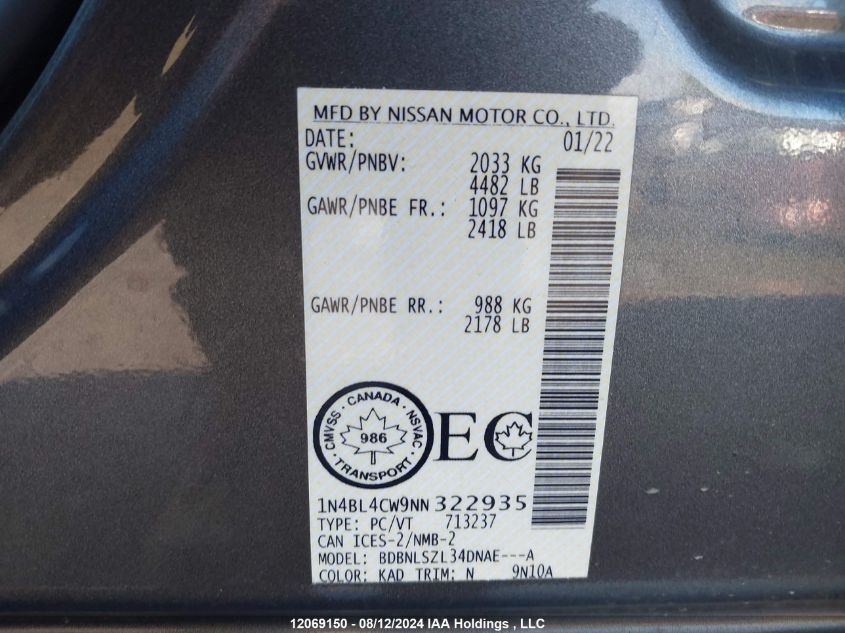 2022 Nissan Altima Sr VIN: 1N4BL4CW9NN322935 Lot: 12069150