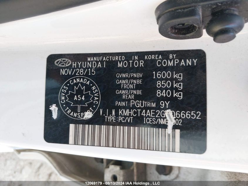 2016 Hyundai Accent Se VIN: KMHCT4AE2GU066652 Lot: 12069179