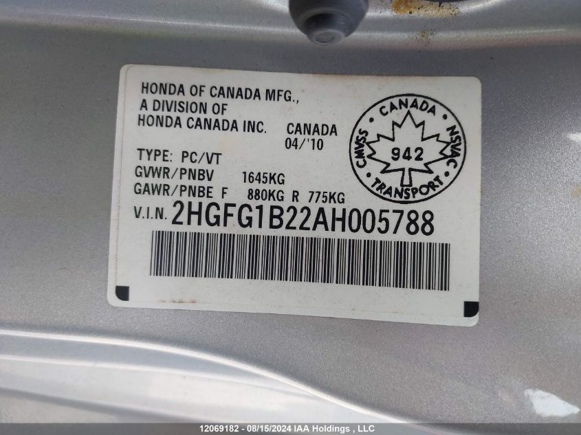 2010 Honda Civic Cpe VIN: 2HGFG1B22AH005788 Lot: 12069182