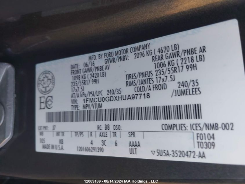 2017 Ford Escape Se VIN: 1FMCU0GDXHUA97718 Lot: 12069189