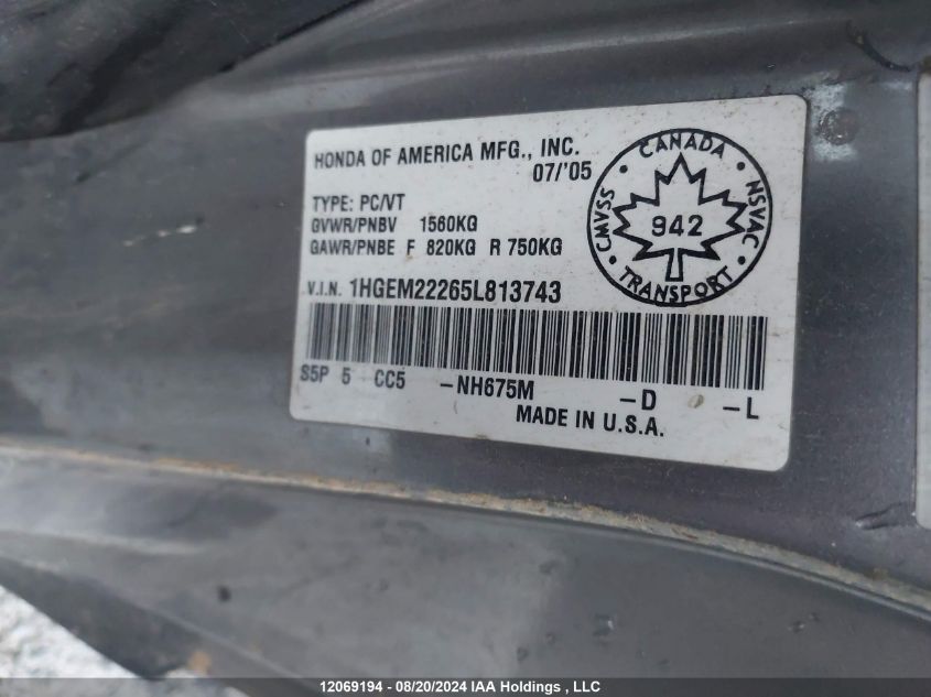 1HGEM22265L813743 2005 Honda Civic Cpe