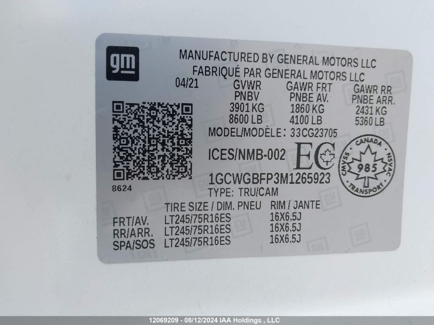 2021 Chevrolet Express Cargo Van VIN: 1GCWGBFP3M1265923 Lot: 12069209