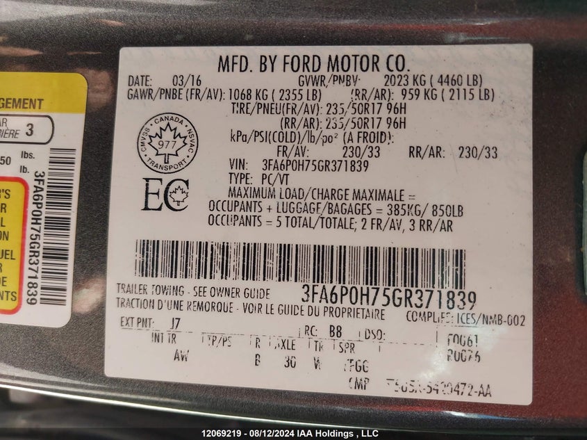 2016 Ford Fusion Se VIN: 3FA6P0H75GR371839 Lot: 12069219