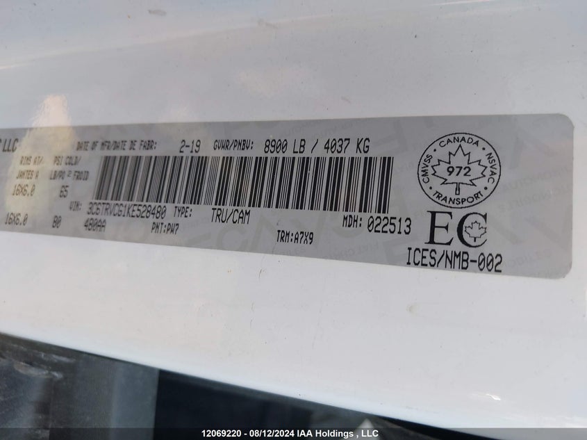 2019 Ram Promaster 2500 2500 High VIN: 3C6TRVCG1KE528480 Lot: 12069220