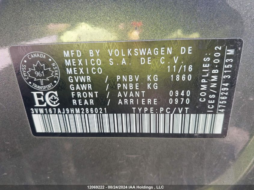 2017 Volkswagen Jetta VIN: 3VW167AJ9HM286021 Lot: 12069222