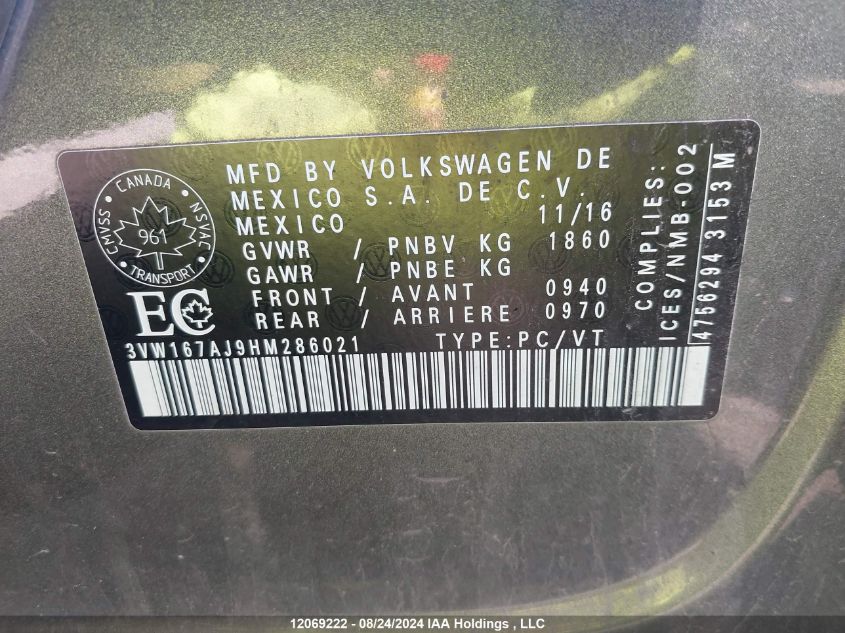 2017 Volkswagen Jetta VIN: 3VW167AJ9HM286021 Lot: 12069222