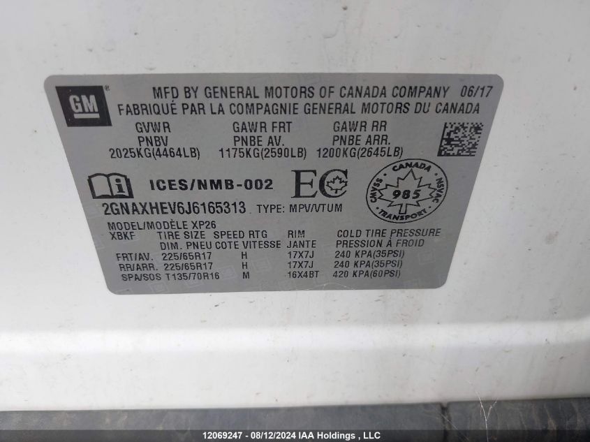 2018 Chevrolet Equinox VIN: 2GNAXHEV6J6165313 Lot: 12069247