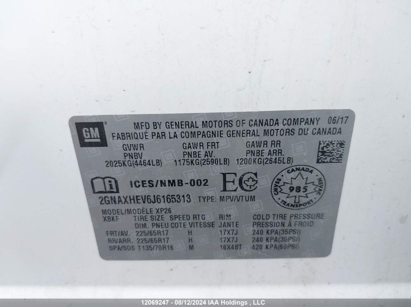 2018 Chevrolet Equinox VIN: 2GNAXHEV6J6165313 Lot: 12069247