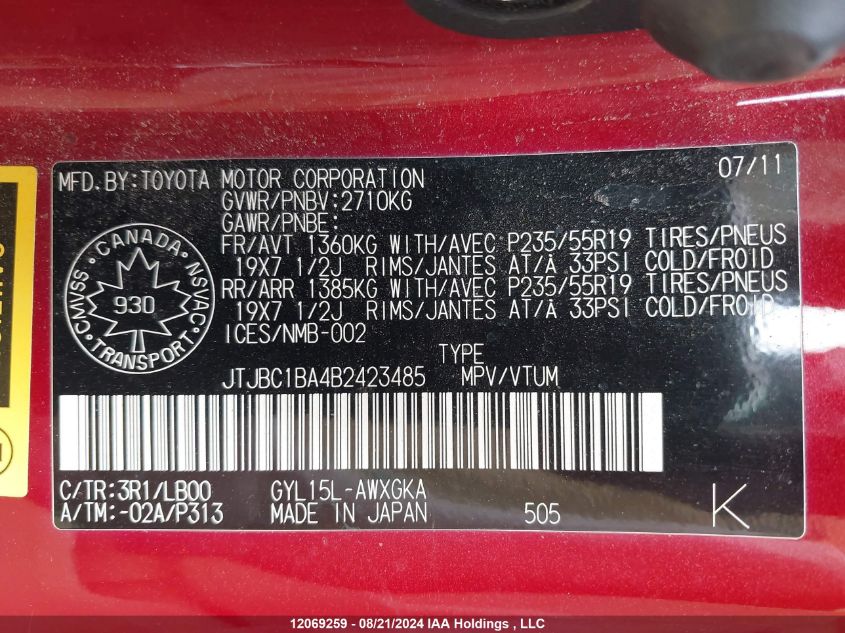 2011 Lexus Rx 450 VIN: JTJBC1BA4B2423485 Lot: 12069259