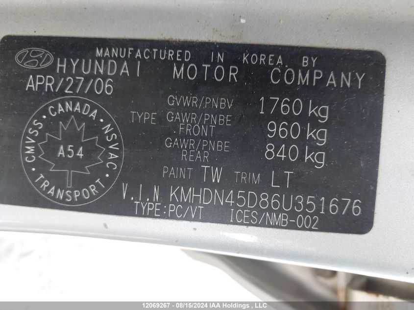 2006 Hyundai Elantra VIN: KMHDN45D86U351676 Lot: 12069267