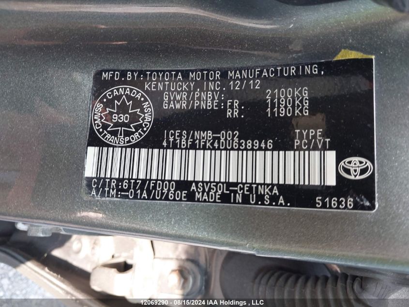 2013 Toyota Camry Le/Se/Xle VIN: 4T1BF1FK4DU638946 Lot: 12069290