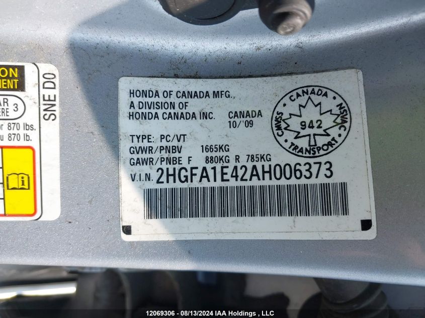 2010 Honda Civic Sdn VIN: 2HGFA1E42AH006373 Lot: 12069306