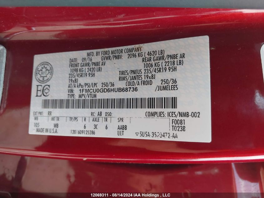 2017 Ford Escape Se VIN: 1FMCU0GD6HUB68736 Lot: 12069311