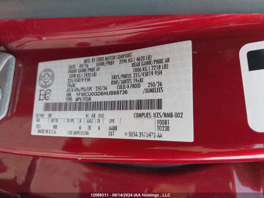 2017 Ford Escape Se VIN: 1FMCU0GD6HUB68736 Lot: 12069311