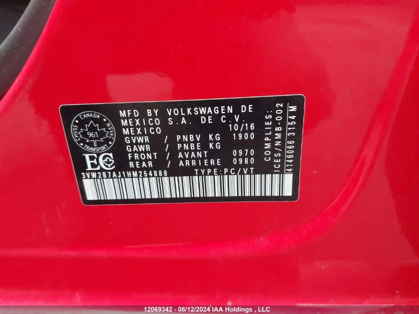 2017 Volkswagen Jetta Sedan VIN: 3VW2B7AJ1HM254888 Lot: 12069342