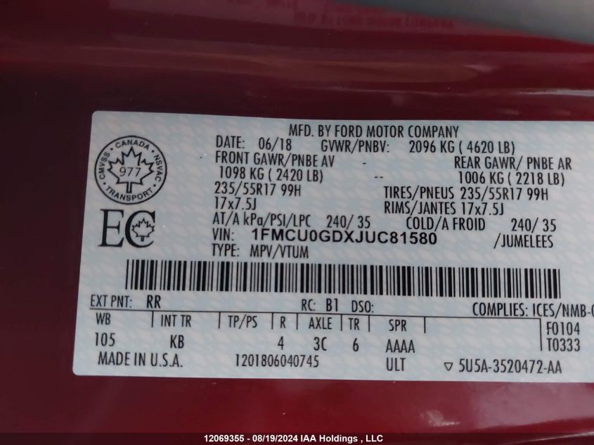2018 Ford Escape Se VIN: 1FMCU0GDXJUC81580 Lot: 12069355