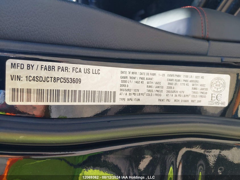 2023 Dodge Durango R/T VIN: 1C4SDJCT8PC553609 Lot: 12069362