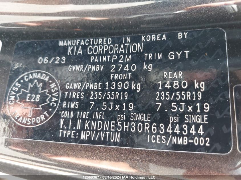 2024 Kia Carnival Sx/Sx Prestige VIN: KNDNE5H30R6344344 Lot: 12069367