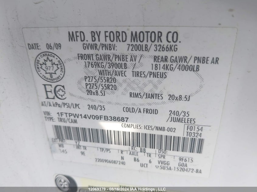 2009 Ford F150 Supercrew VIN: 1FTPW14V09FB38687 Lot: 12069379