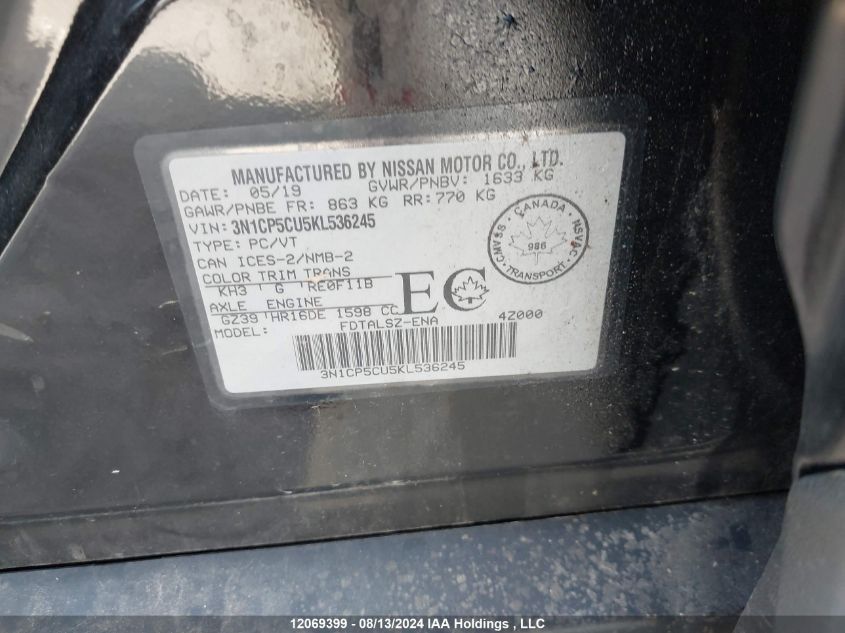 2019 Nissan Kicks S/Sr/Sv VIN: 3N1CP5CU5KL536245 Lot: 12069399