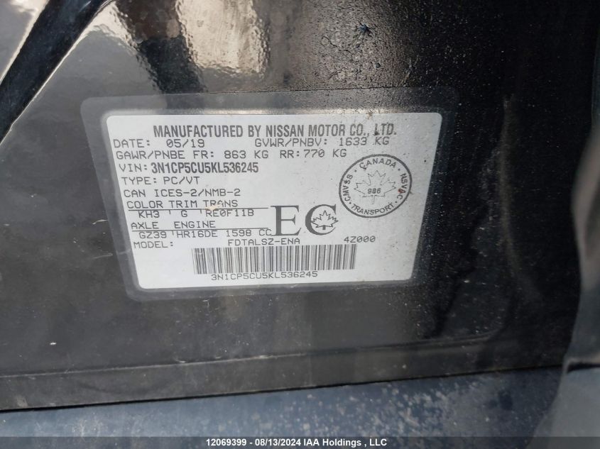 2019 Nissan Kicks S/Sr/Sv VIN: 3N1CP5CU5KL536245 Lot: 12069399