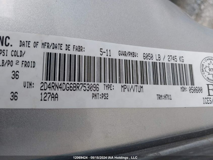 2011 Dodge Grand Caravan Se/Sxt VIN: 2D4RN4DG6BR753096 Lot: 12069424