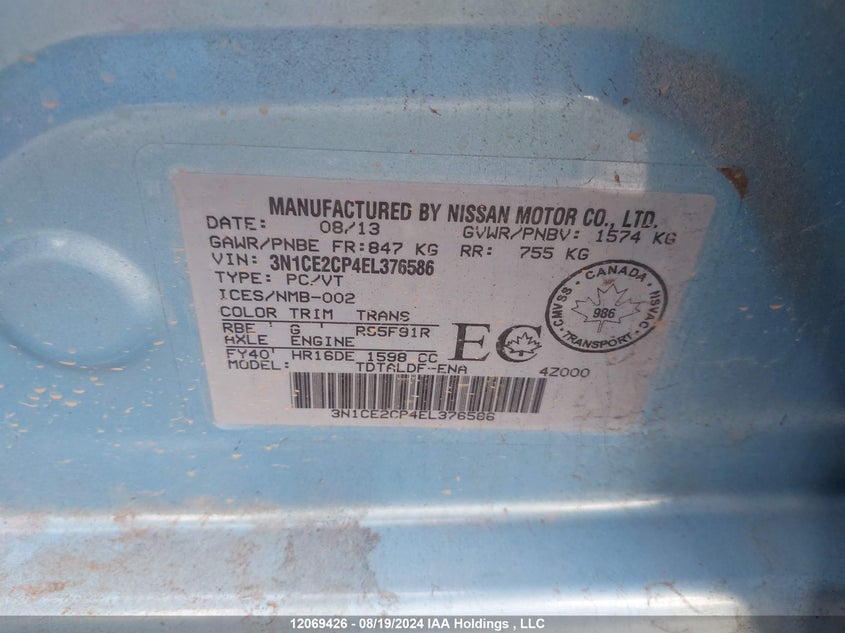 2014 Nissan Versa Note VIN: 3N1CE2CP4EL376586 Lot: 12069426