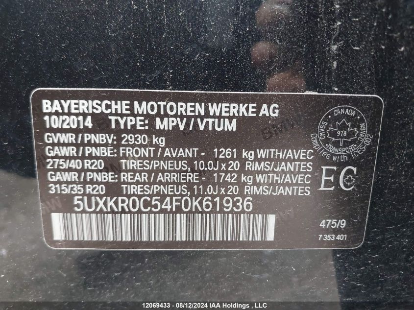 2015 BMW X5 xDrive35I VIN: 5UXKR0C54F0K61936 Lot: 12069433