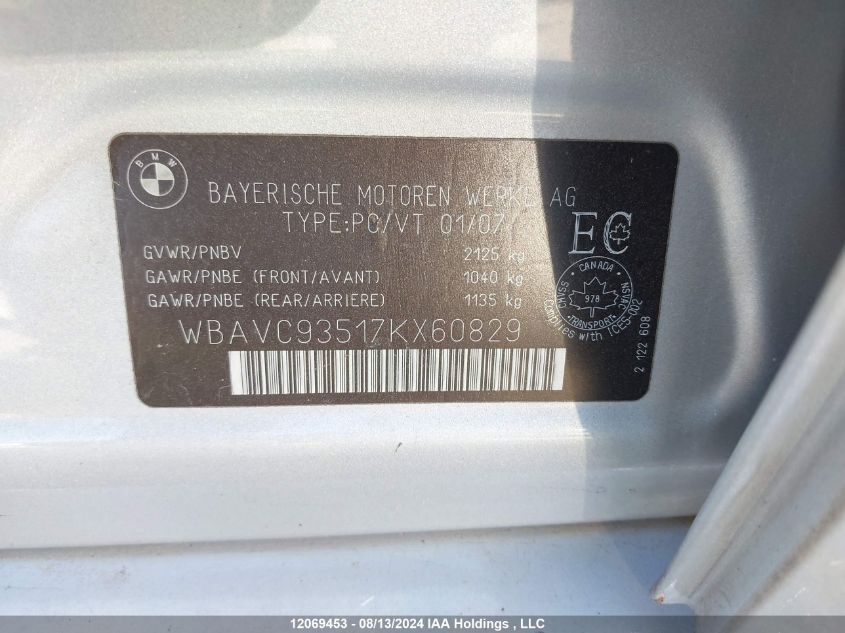 2007 BMW 3 Series VIN: WBAVC93517KX60829 Lot: 12069453