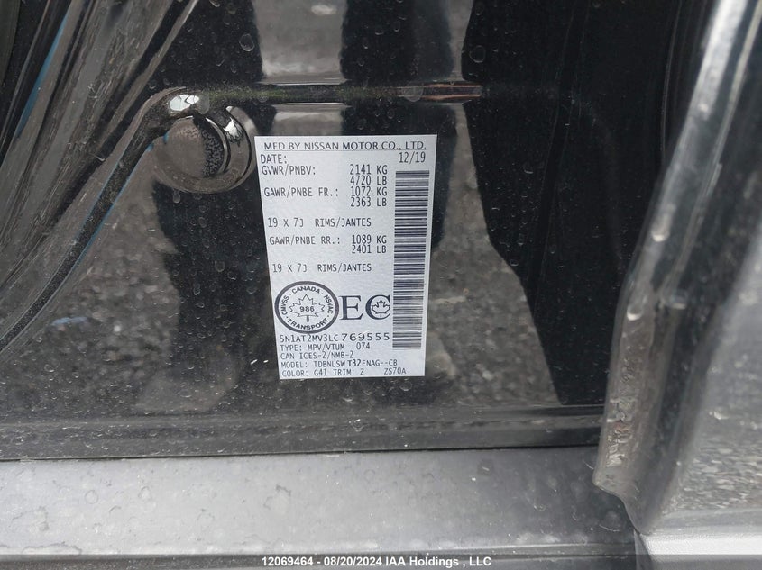 2020 Nissan Rogue VIN: 5N1AT2MV3LC769555 Lot: 12069464