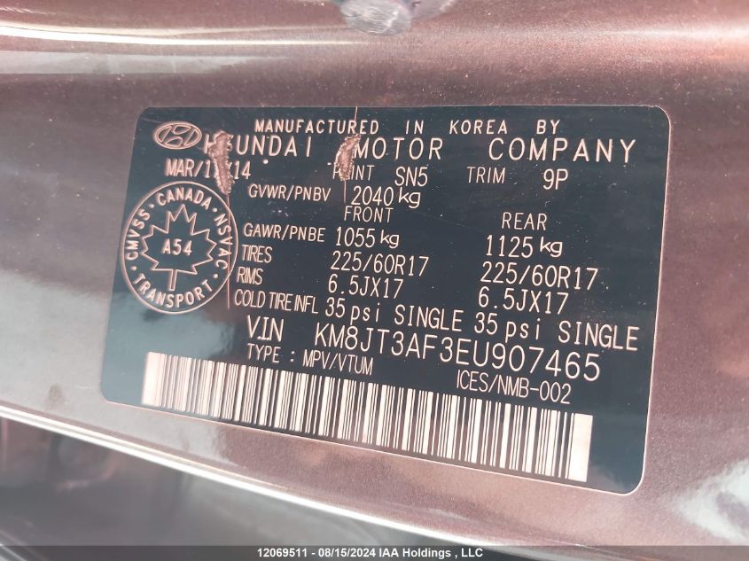 2014 Hyundai Tucson Gl VIN: KM8JT3AF3EU907465 Lot: 12069511