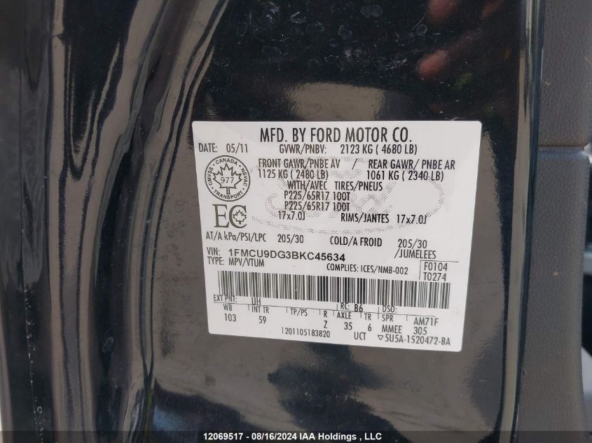 2011 Ford Escape Xlt VIN: 1FMCU9DG3BKC45634 Lot: 12069517