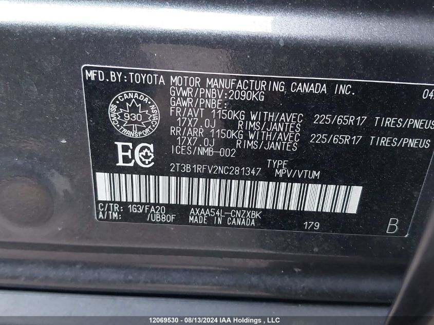 2022 Toyota Rav4 Le VIN: 2T3B1RFV2NC281347 Lot: 12069530