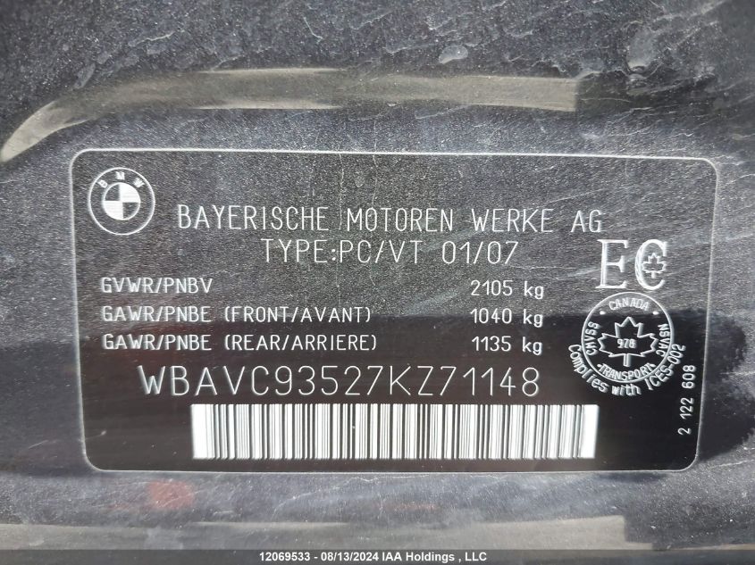 2007 BMW 3 Series VIN: WBAVC93527KZ71148 Lot: 12069533