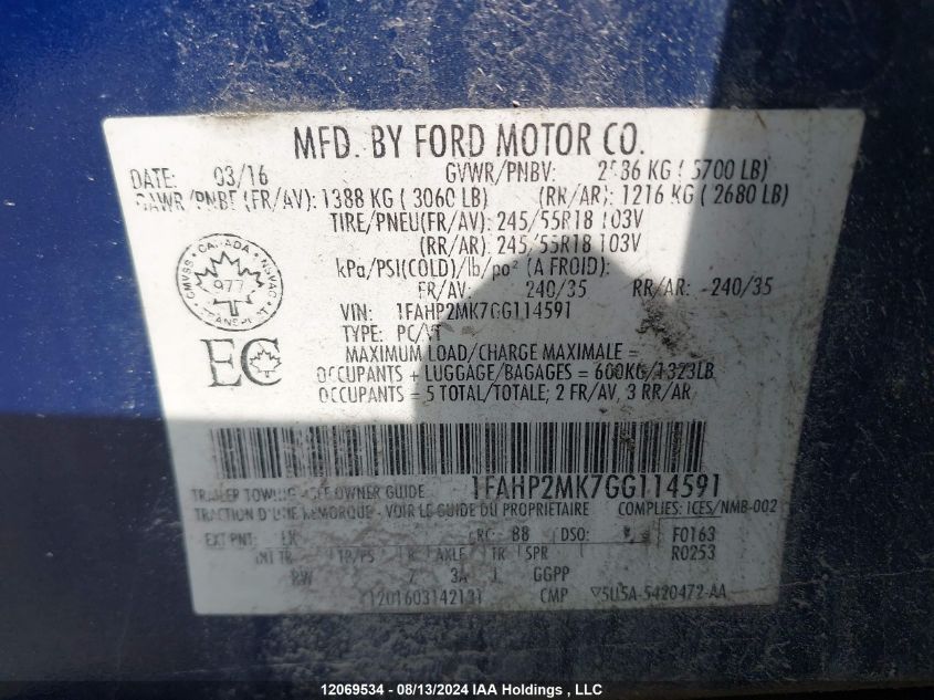 2016 Ford Police Interceptor VIN: 1FAHP2MK7GG114591 Lot: 12069534