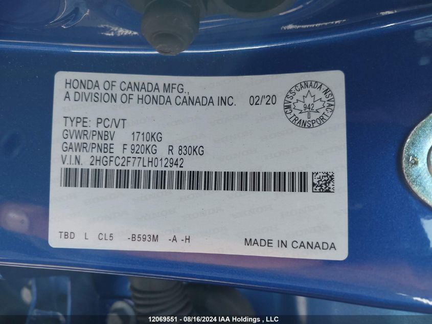 2020 Honda Civic Ex 4Dr VIN: 2HGFC2F77LH012942 Lot: 12069551