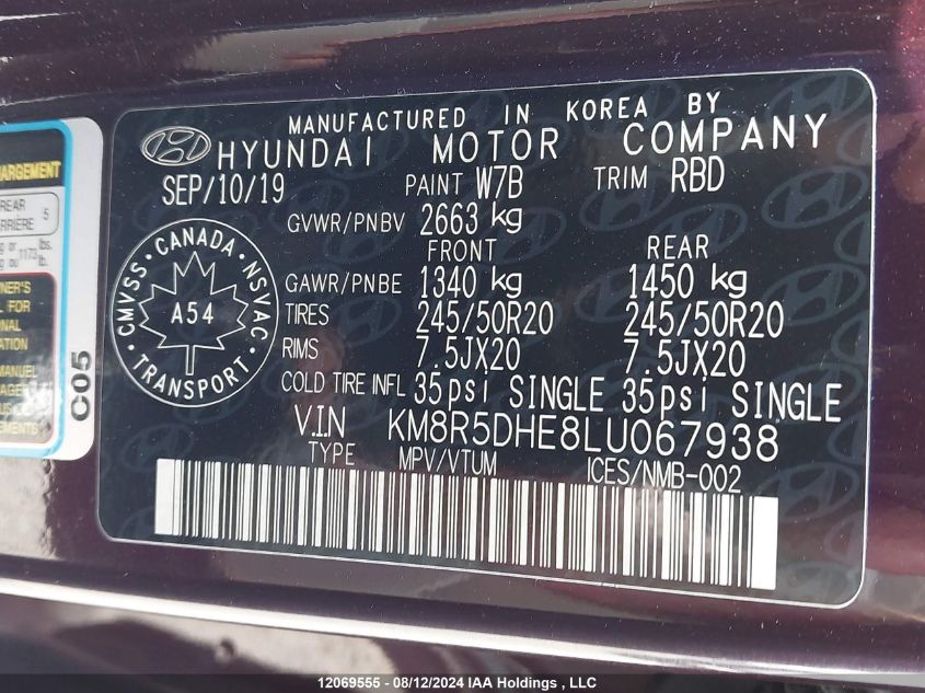 2020 Hyundai Palisade Limited VIN: KM8R5DHE8LU067938 Lot: 12069555