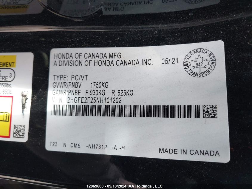 2HGFE2F25NH101202 2022 Honda Civic Sedan