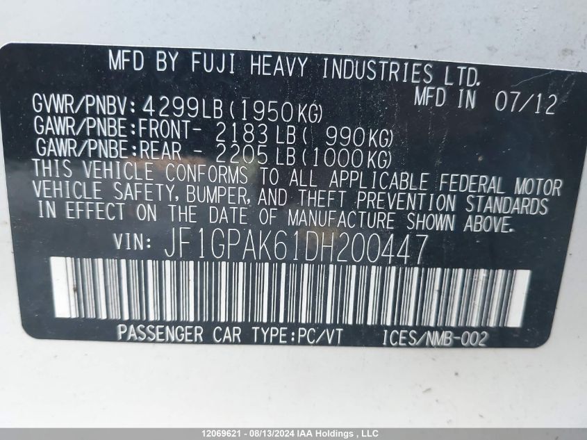 2013 Subaru Impreza VIN: JF1GPAK61DH200447 Lot: 12069621